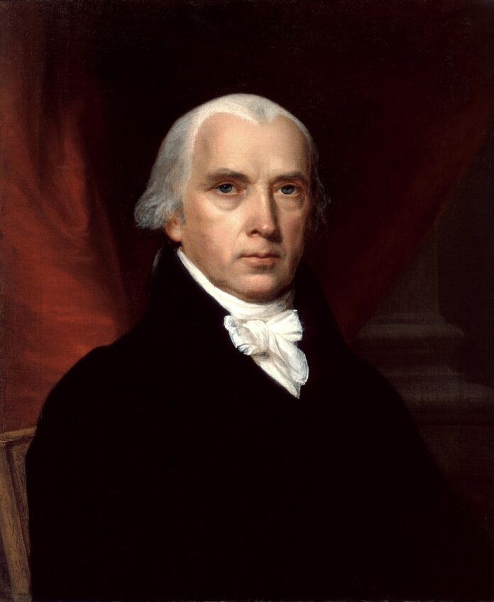 James Madison (1816), an oil on canvas portrait by John Vanderlyn, depicts the fourth President of the United States and a principal architect of the U.S. Constitution. Commissioned by President James Monroe, the painting presents Madison in a high-collared black coat and a delicately painted white cravat, his powdered hair reflecting the style of the era. The subtle use of light and controlled contrast lends the image a sculptural effect, while Madison’s composed yet weary expression hints at the toll of his presidency, particularly following the War of 1812. This portrait is part of the White House Collection and is displayed in the Blue Room. (Image source: White House Historical Association)