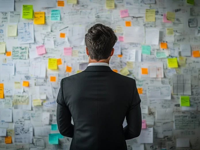 Image of entrepreneur with many tasks he needs to delegate