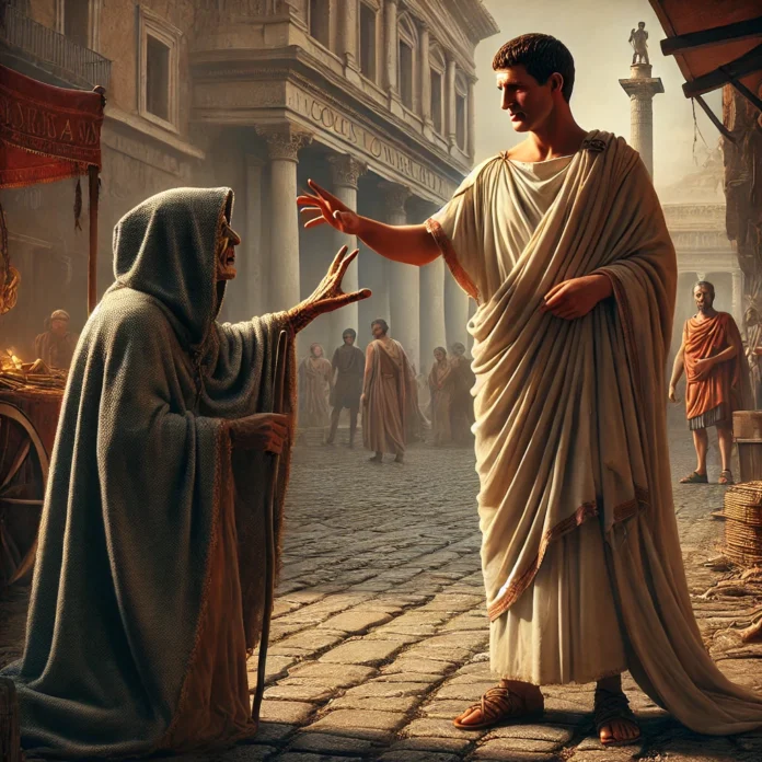 An image depicting Julius Caesar being warned by a soothsayer about the Ides of March in ancient Rome.