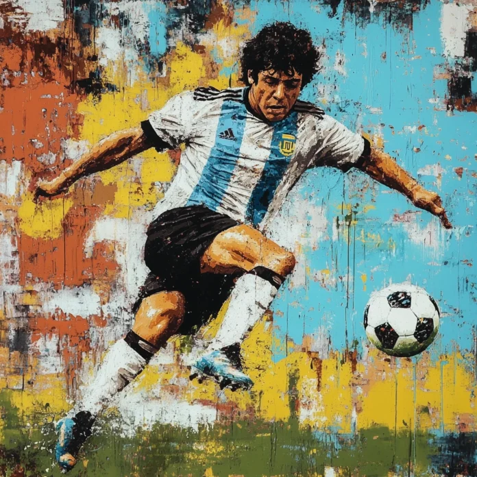 Painting of Maradona kicking a ball