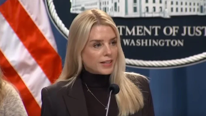 U.S. Attorney General Pamela Bondi addresses reporters during a press conference on immigration enforcement, Feb. 12, 2025. Under her leadership, the DOJ has ramped up national security efforts, cracked down on espionage, and taken decisive action against antisemitism and radical DEI policies.