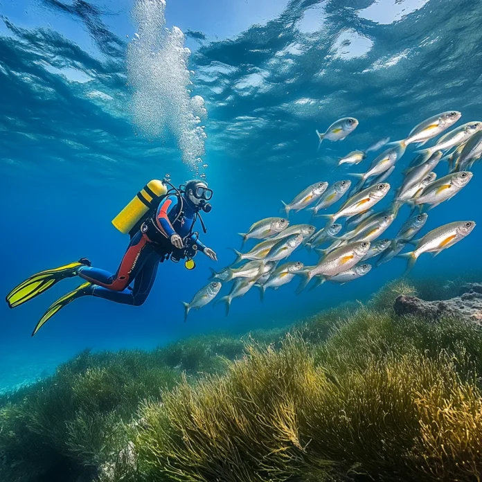 A diver in colorful gear swimming among a school of sea bream in Mediterranean waters.