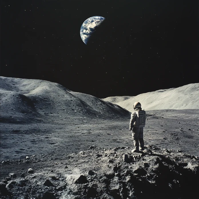 a man on the moon with the earth visible from the moon