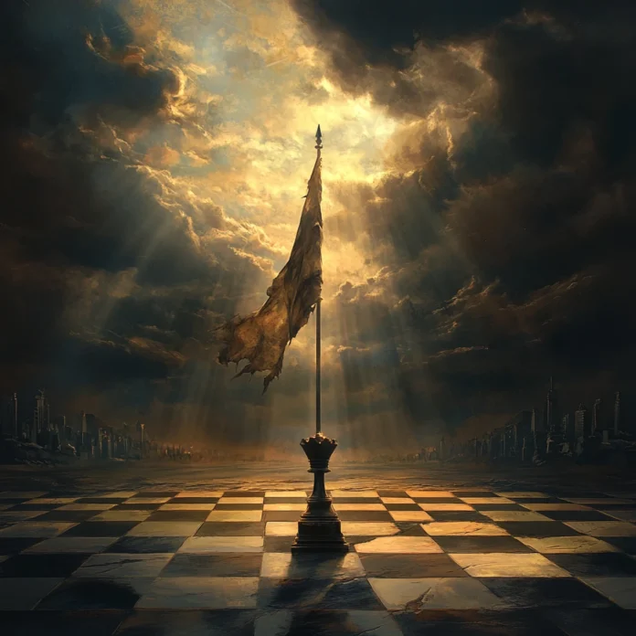 a dramatic scene symbolizing historic underdog victories, featuring a battlefield with a tattered flag standing tall, a chessboard with an unexpected piece triumphing