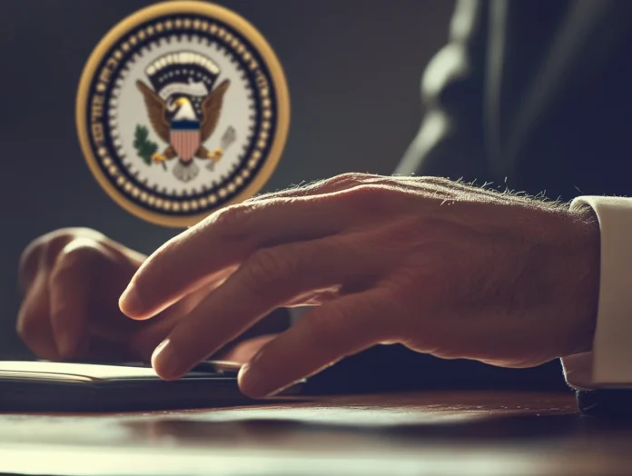 Typing hands with U.S. seal in background