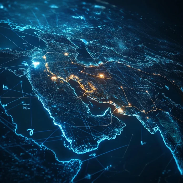 Image illustrating the impact of U.S. sanctions on Houthi leaders, featuring a digital map of Yemen and the Red Sea, financial restriction symbols.